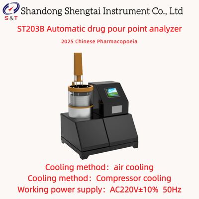 Automatische analysator voor het gietpunt van geneesmiddelen Luchtkoeling -30 °C~+80 °C Motor snelheid 1200 r/min ST203B